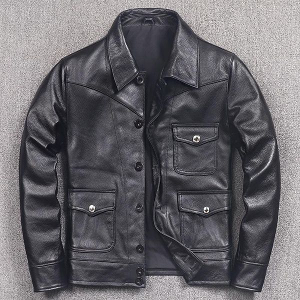 

men's leather & faux cowhide men 's short motorcycle jacket young and middle-aged lapel slim, Black