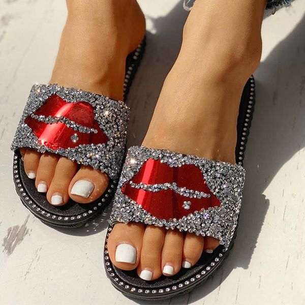 

slippers glitter women fashion lipstick lips woman slides ladies rhinestone casual flats female non-slip beach shoes plus size trke, Black