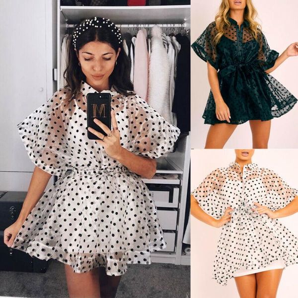 

women's ladies mesh sheer bikini cover up polka dot loose casual holiday transparent mini dress summer beach ups swimwear, White;black