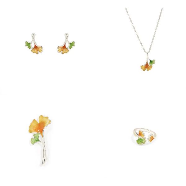 

earrings & necklace ginkgo enamel necklace, leaf earrings, dripping oil, exquisite ring wholesale jewelry for woman female 2021 trend, Silver