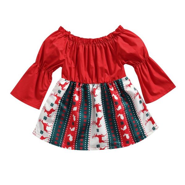 

girl's dresses 2021 born 0-18m baby girls christmas dress off shoulder red long sleeve deer striped print a-line costume, Red;yellow