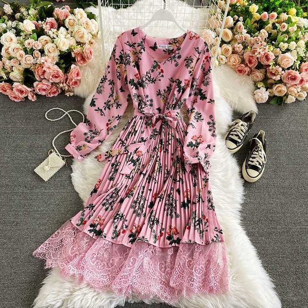 

autumn winter vintage flower printed lace patchwork midi dress women casual v-neck long sleeve pleated vestidos female fashion y0603, Black;gray