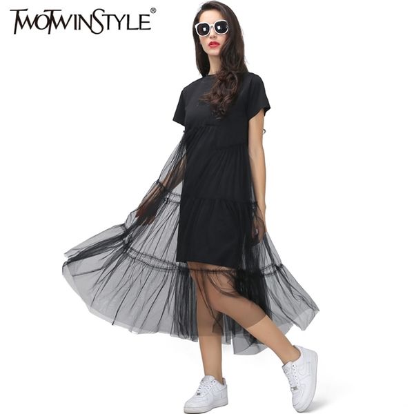 Summer Coreano Splicing Pleated Tulle T Shirt Dress Donne Donne Big Size Black Grigio Colore Vestiti Moda 210520