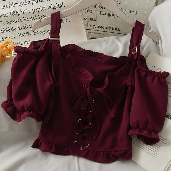 

women's blouses & shirts french women blouse summer puff sleeve slash neck drawstring slim fashion streetwear vintage, White