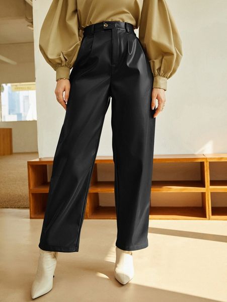 

high waist plicated detail pu leather pants p9qf#, Black;white