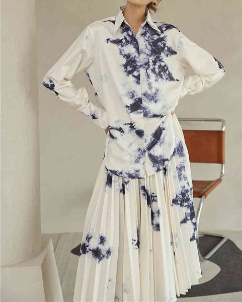 

tie dye long pleated skirt womens high waist ink wash painting floral white flowy ladies midi clothes 210429