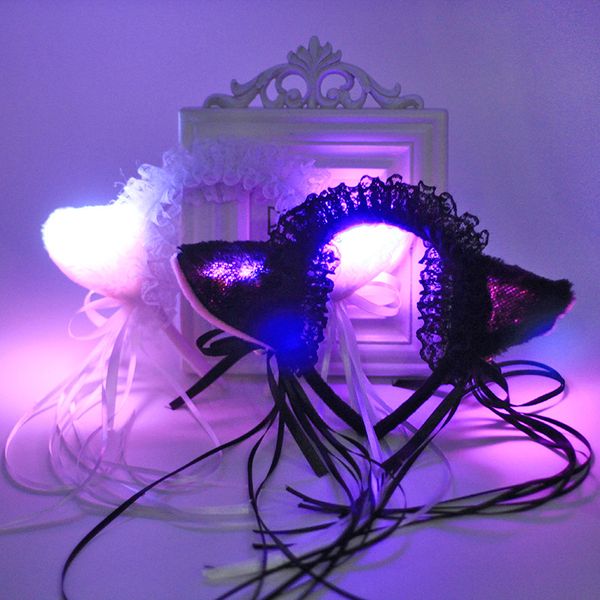 Tiara de orelhas de gato brilhante acessórios de fantasia de anime com fita de sino borla menina led piscando pelúcia peludo faixa de cabelo para cosplay vestido de festa de halloween preto branco