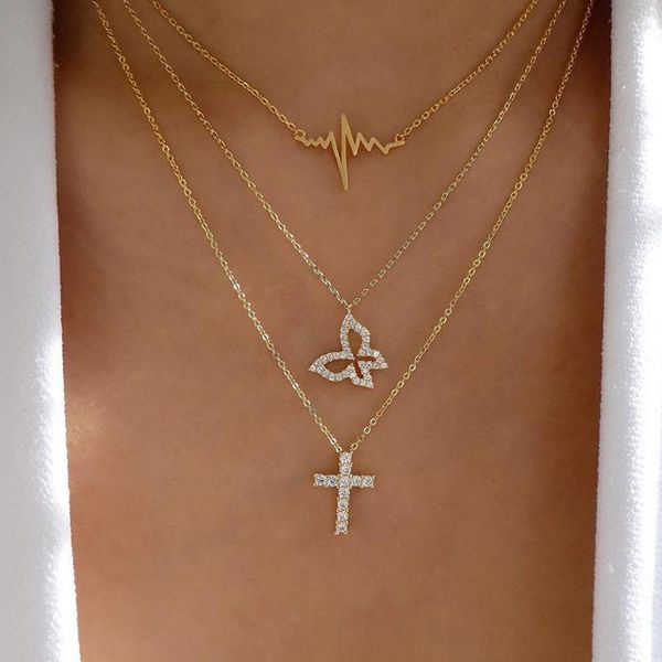

pcs/set women fashion necklaces set bohemian crystal cross butterfly heartbeat pendant multilayer party necklace jewelry gift, Silver