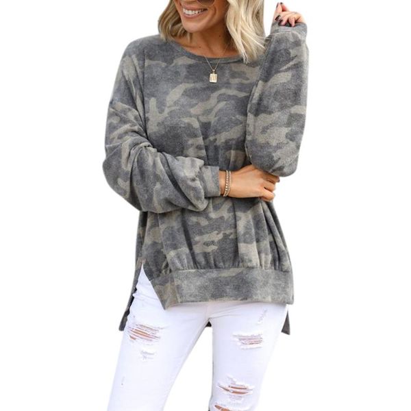 

women's hoodies & sweatshirts women autumn winter split long sleeve crewneck irregular loose lady clothing camouflage print pullover, Black