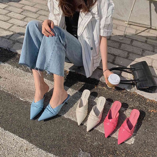 

pointed toe fashion women slippers thin low heels pink/blue/white shallow slippers mules casual slides elegant slides mules shoe 210513, Black