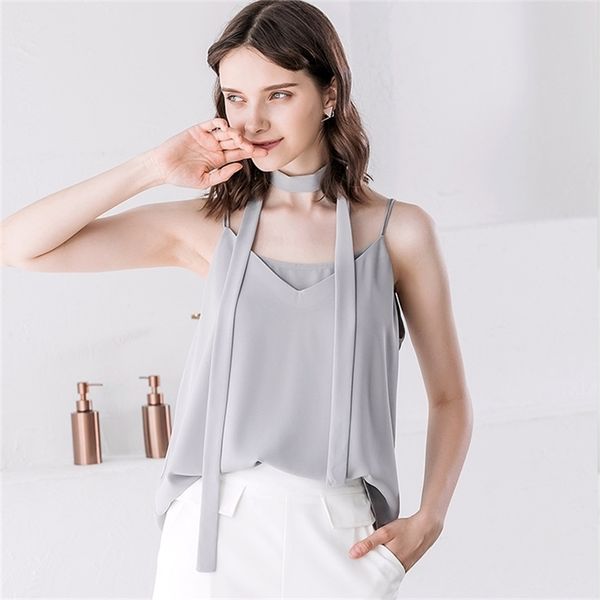 

women double v neck camisole casual sleeveless bandage strap fashion chiffon solid tank summer streetwear 210407, White