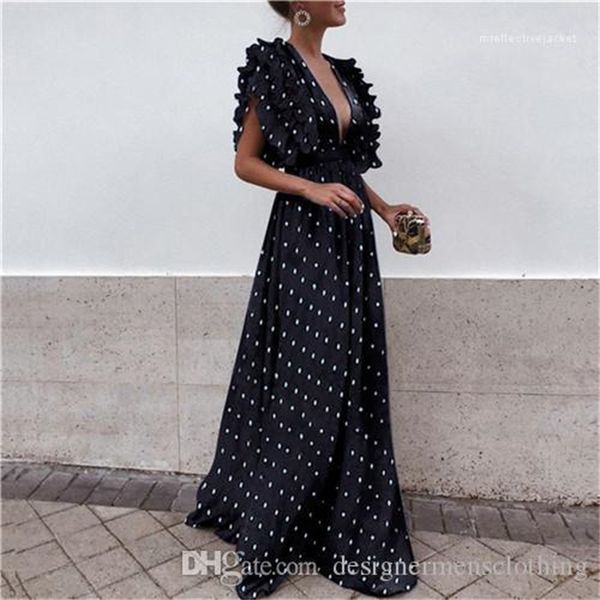 

neck point print fashion casual clothing floor length female apparel womens summer batwing sleeve dresses v, Black;gray