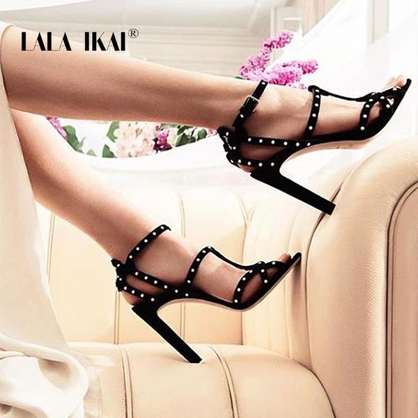 

women high heels sandals summer thin rivets shoes ladies party pointed toe sandalia feminina 014c3654-4, Black