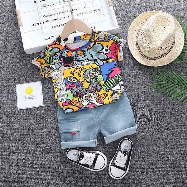 

cool kid boys summer clothes outfit with sunhat fashion graffiti short-sleeved t-shirt denim shorts set children pants clothing, White