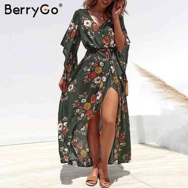 

berrygo boho floral print women long dress summer asymmetrical sleeve sashes split chiffon dresses beach female vestidos 200928, Black;gray