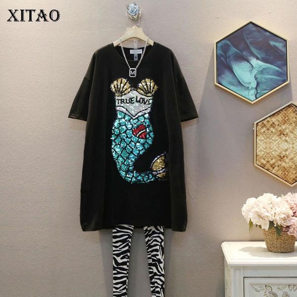 

casual dresses xitao occident style trend sequined dress loose fashion plus size short sleeve women leisure wild summer dmy4688, Black;gray