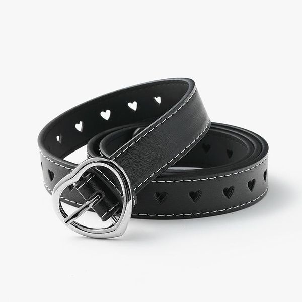 

belts women pu leather belt heart shaped hole alloy pin buckle waist designer brand trouser ladies jeans waistband, Black;brown