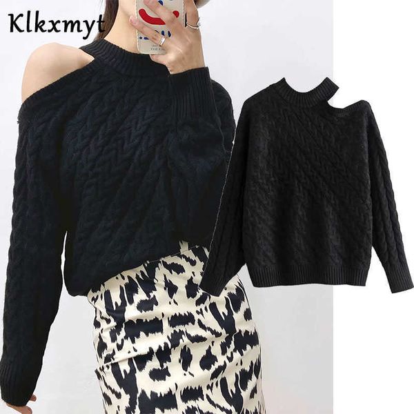 

klkxmyt za sweater women fashion hollow out cable-knit vintage o neck long sleeve female pullovers chic 210527, White;black