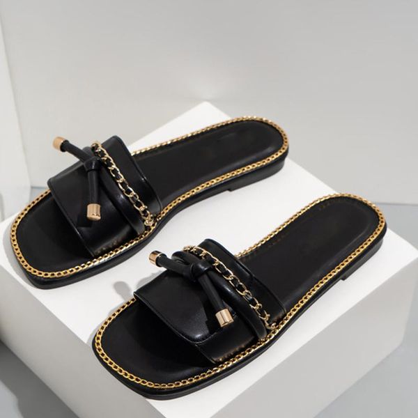 

slippers women chain summer flip-flops weave flip flops for home female flats rubber slides footwear, Black