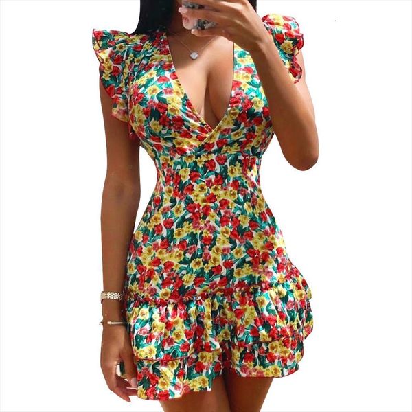 

summer boho party cross womens dresses v neck elegant beach female floral flying sleeve mini sheath, Black;gray