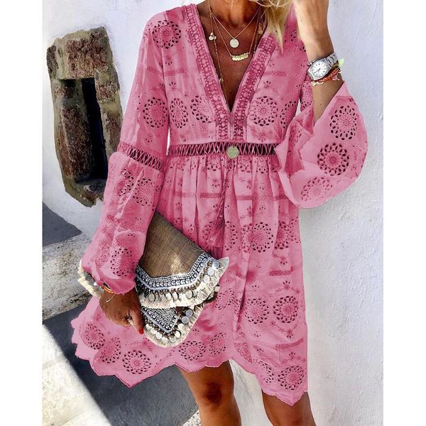 

embroidery dress women long sleeve deep v neck causal hollow out spring autumn mt4364 casual dresses, Black;gray