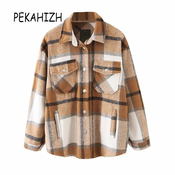 

vintage lapel pocket jacket coat autumn winter fashion slim long sleeve plaid famale outerwear chic 210918, Black;brown