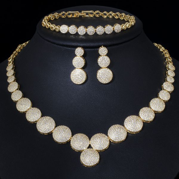 

t0142 bride luxury wedding full diamond accessories high grade aaa zircon round necklace earrings bracelet three piece set, Black