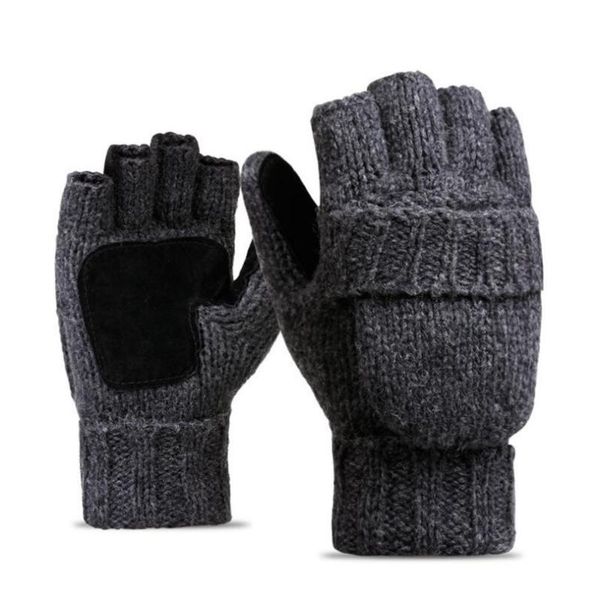 

cycling gloves thick male fingerless men wool winter warm exposed finger mittens knitted flip half, Black