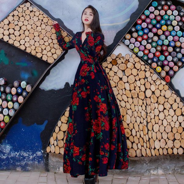 

casual dresses 2021 bohemia long sleeved v collar tie retro rose print large swing dress tide brand holiday, Black;gray