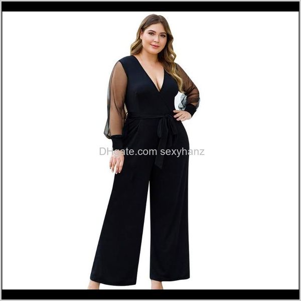 Strampler Damenbekleidung Bekleidung Drop Lieferung 2021 Damen Jumpsuits Damen Schwarz Plus Size Lässige Mesh-Nähte Langarm V-Ausschnitt Spitze Bel