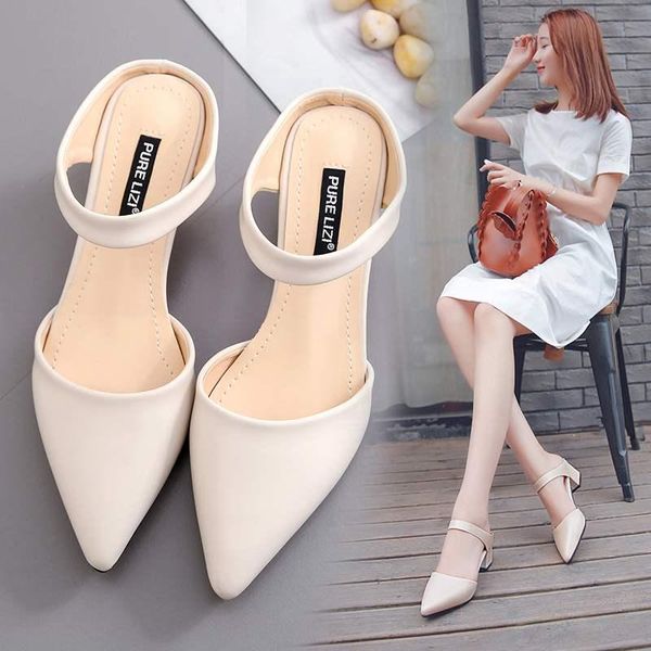 

sandals medium heel pointed head simple 2021 spring and summer thick hollow shoes rear half drag muller, Black