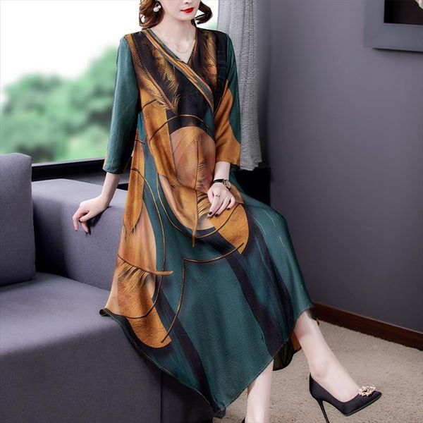 

spring summer vintage print mulberry womens dress silk midi casual loose 4xl plus size women elegant bodycon party vestidos, Black;gray