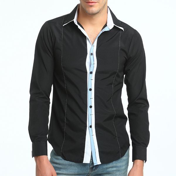 

Men's long turn down collar color matching cardigan single thin shirt slices tops, White;black
