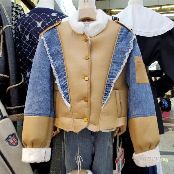 

women's leather & faux 2021 winter imitation collar denim pu coat women thickened warm short motorcycle jacket, Black