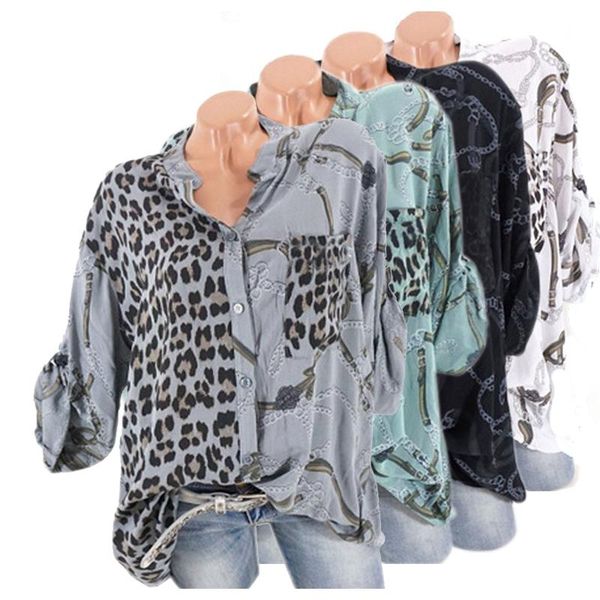 

plus size 5xl women blouse 2021 spring turn-down collar long sleeve leopard shirt loose clothing for female autumn blouses women's & s, White