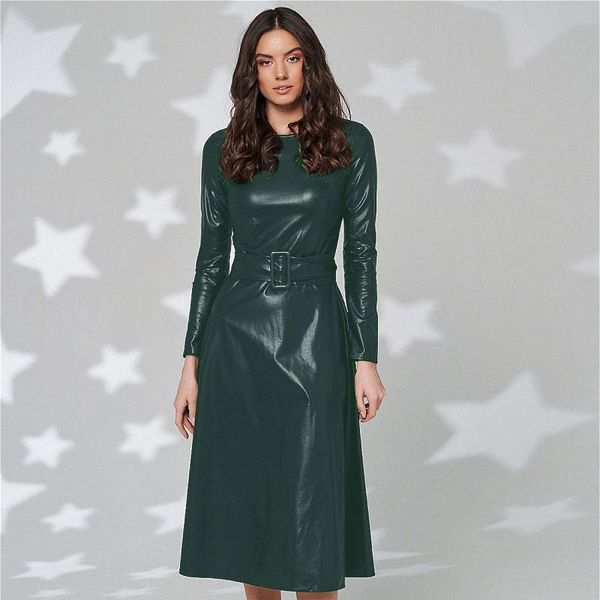 

casual dresses fashion belt faux leather women long sleeve slim fit pu dress club wear arrival autumn winter, Black;gray