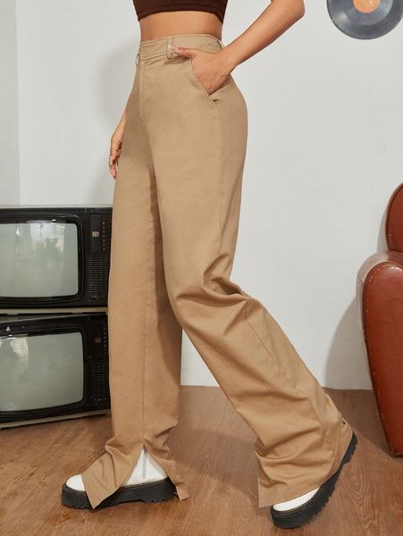 

high waist slit hem straight leg pants i3q7#, Black;white