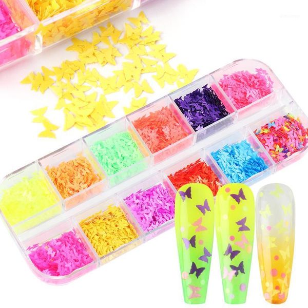 

grids colorful fluorescence nail sequin paillette 3d butterfly flakes mermaid ab glitter powder acrylic nails decor jiyhd1, Silver;gold