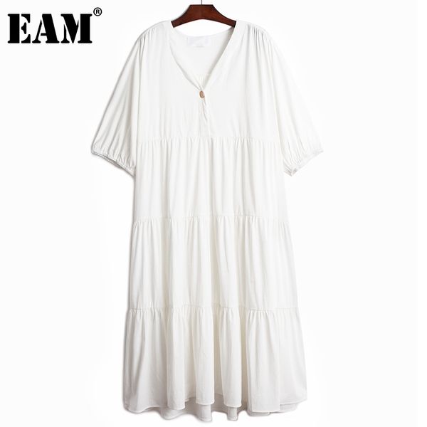 

[eam] women black big size spliced pleated dress v-neck puff half sleeve loose fit fashion spring summer 1dd8209 210512, Black;gray