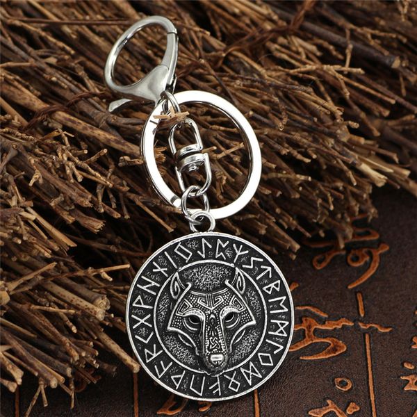 

10pcretro antique bronze viking keychain ancient trinity nordic runes odin runes wolf keyring car key chain men jewelry dropshipping, Silver