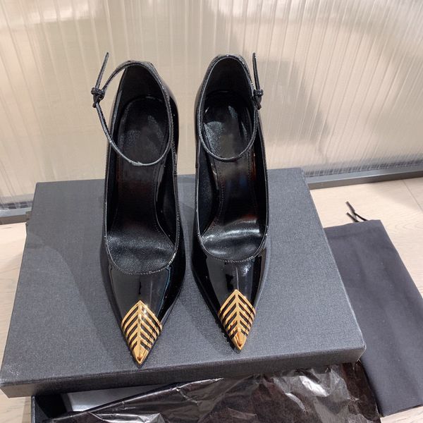 

2022 spring metal pointed shallow shoes patent leather stiletto high heels feminine sense of celebrity buckle black single shoes women