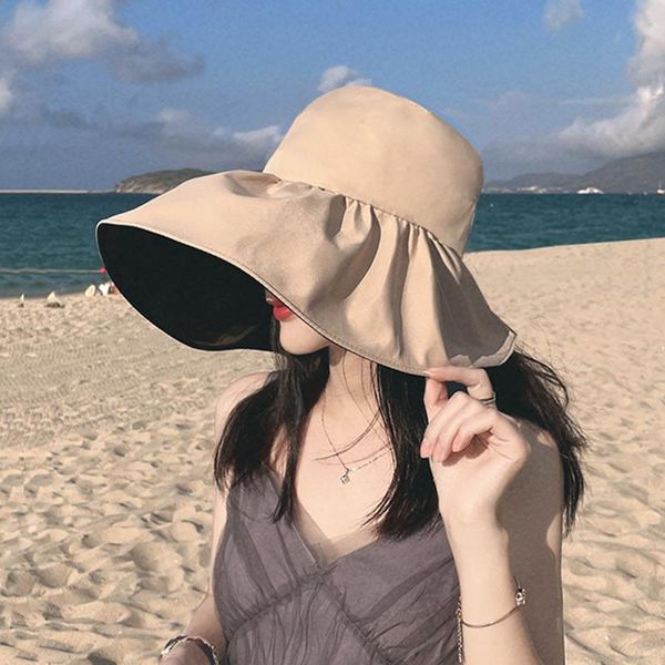 

wide brim hats hsa uv protection bucket women solid color 2021 fisherman hat korean style summer sun female cap, Blue;gray