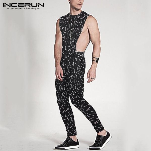 

man casual zipper overalls streetwear incerun mens fashion irregular printed jumpsuits sleeveless o neck fitness rompers s-5xl men's pa, Black