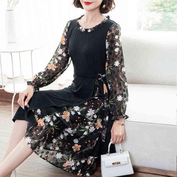 

2113 large women's spring and autumn korean loose brocade cotton roman dress chiffon burnt flower stitching skirt, Black