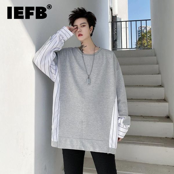

men's hoodies & sweatshirts iefb 2021 autumn stitched striped cloth loose long sleeve sweatshirt round collar mid length pullover 9y89, Black