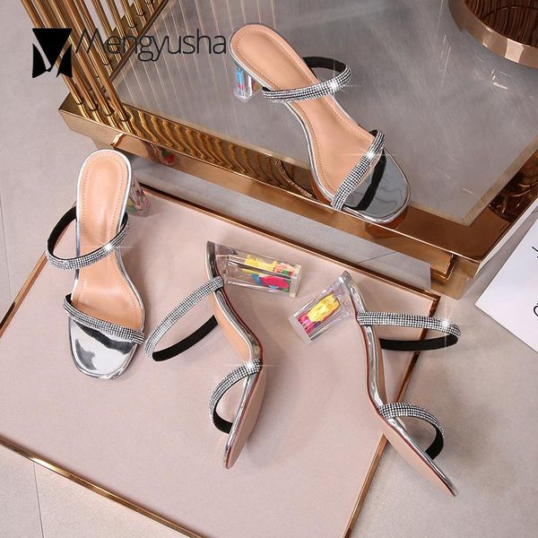 

crystal narrow band sandals women multicolor transparent heels slippers twinkle silver chunky high sandalias femme size 43, Black