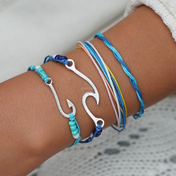 Ciondoli per bracciali avvolgenti multistrato regolabili Bracciale a forma di amo da pesca Wave intrecciato a mano per gioielli da spiaggia estivi da donna e sabbiosi