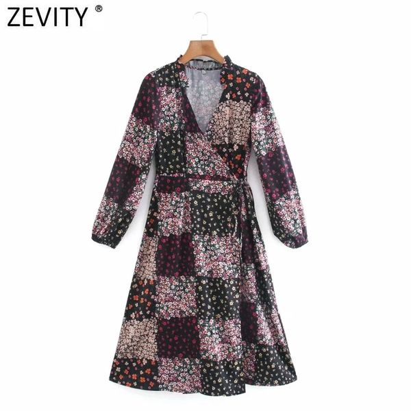 

zevity women vintage agaric lace v neck patchwork floral print kimono dress female long sleeve casual slim party vestido ds4691 210419, Black;gray