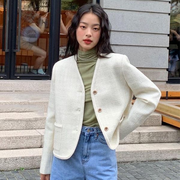 

women's jackets [ewq] korea chic autumn casual simple v-neck tweed with wool long sleeve short coat women fashion 2021 16e3138, Black;brown