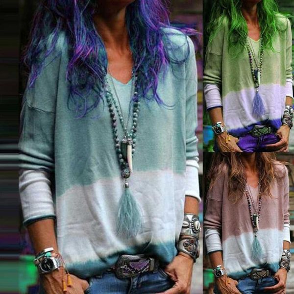 

women's t-shirt 2021 tshirt women v-neck cotton long sleeve t shirt fashion tie dyeing haut harajuku camiseta mujer camisas, White